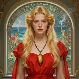 blonde girl in red dress in beautiful window, necklace with a fruit seed ornament, ocean eyes, light freckles, incense smoke and flowers in the background, portrait, mucha, conceptart, medium shot, unreal, octane, symmetrical, photorealism