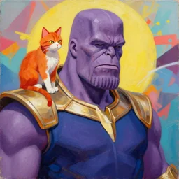 greg manchess portrait painting of ryan reynolds as thanos!!! evil, sad! with a ginger cat as overwatch character, medium shot, asymmetrical, profile picture, organic painting, sunny day, matte painting, bold shapes, hard edges, street art, trending on artstation, by huang guangjian and gil elvgren and sachin teng