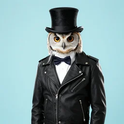 owl wearing black biker jacket, portrait photo, backlit, studio photo, suit, bow tie, background pastel, kobalt blue, tophat, tophat