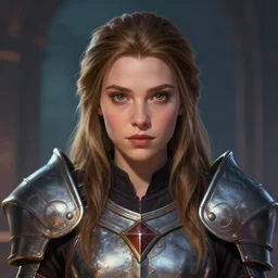 front facing symmetrical centered painted portrait, headshot of Imogen Poots as a D&D Paladin, Arcane character avatar, Arcane concept art, global illumination lighting, Pixar, trending on artstation, by lois van baarle, ilya kuvshinov, rossdraws