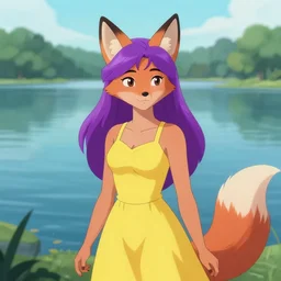 an anthropomorphic fox girl wearing a simple yellow sundress, she has purple hair and two pointed black ears, beautiful lake background, illustration by greg rutkowski, thomas kindkade, loish, artstation, furaffinity, deviantart