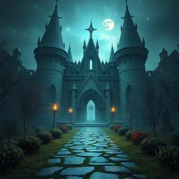 castlegarden infront of dark fantasy castle!!!, pathway through abstract stone portal castlegarden to otherworldly galaxies, ( ( ( fog ) ) ), high sci - fi fantasy, cryengine 8 k render, artwork by world of warcraft mass effect dnd overwatch dark souls, morning light, cold color palette