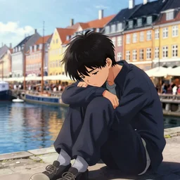 a depressed anime boy in Copenhagen, anime visuals, Copenhagen, Hirohiko Araki artwork