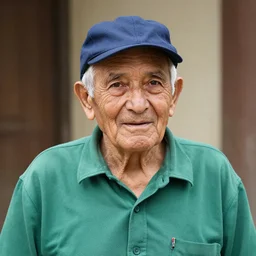 old man wearing green shirt, blue cap, white hairs