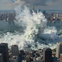 tsunami crashing over manhattan, bird's eye view, wide shot, cinematic, realistic painting
