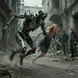 close view of sadie sink. runs desperately | a mechanical monstrosity runs toward sadie sink | background : alleyway near decaying tenements. concept art for scifi dystopian film. by nikolay makovsky, bob byerley, wadim kashin, andrea kowch. cinematic moody atmosphere, detailed and intricate, perfect anatomy