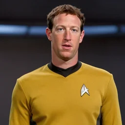 a still of mark zuckerberg as data the android in star trek : the next generation ( 1 9 8 7 ), wearing a yellow star trek uniform