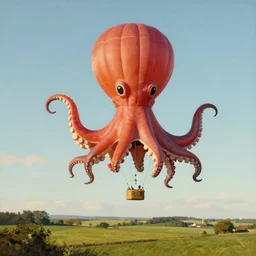single octopus shaped hot air balloon flying over english countryside, lowbrow, matte painting in the style of alexander jansson,