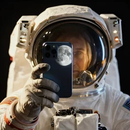 extremely detailed studio portrait of space astronaut, holds a smart phone in one hand, phone!! held up to visor, reflection of phone in visor, moon, extreme close shot, soft light, golden glow, award winning photo by david lachapelle
