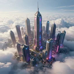 a ultra - realistic cg rendering of the cyberpunk city on the cloud, greg rutkowski and james gurney, huge buildings, neon lights, cloudlight effect, 8 k, unreal engine, trending on artstation, expansive view