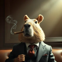 a capybara wearing a suit smoking a cigar, high quality, dramatic lighting, cinematic