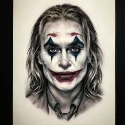 tattoo design sketch of beautiful margot robbie portrait with joker makeup, in the style of den yakovlev, realistic face, black and white, faded sides, realism tattoo, hyper realistic, highly detailed