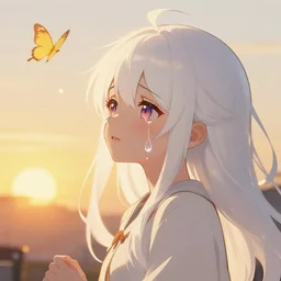 anime girl with white hair crying, butterflies flying, golden sunset, 8 k