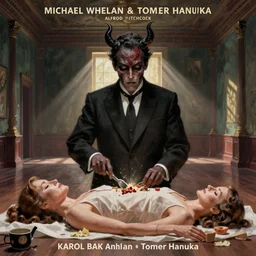 poster artwork by Michael Whelan and Tomer Hanuka, Karol Bak of portrait of Alfred Hitchcock is a demon is a large empty room, eating Janet Leigh body, from scene from Twin Peaks, clean