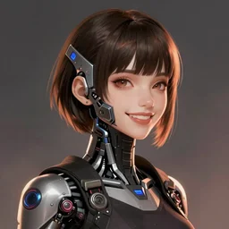 portrait of a beautiful cyberpunk girl with cybernetic implants with short brown hair, men's haircut, and smiling, dramatic lighting, illustration by greg rutkowski, yoji shinkawa, 4 k, digital art, concept art, trending on artstation