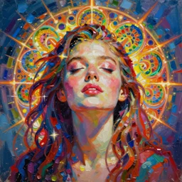 impasto pop - art oil painting portrait of a young woman, ecstacy, intricate, illumination, fibonacci fractals, rule of thirds, vibrant colours