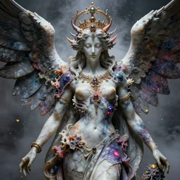 Cinestill of A heartbreaking realistic 8k Bernini Sculpture of a stunning intricate cracked multicolored milky cosmic marble Evangelion Fallen Angel Devil Queen adorned in sentient mycelium mystical jewelry and ancient Empress crown and misty xparticles. by Yoshitaka Amano, Daytoner, Greg Tocchini, Scattered golden flakes, Hyperrealism. Subsurface scattering. Octane Render. Weirdcore, perfect face.