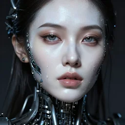 a beautiful woman portrait with glossy sweat skin white, 8 k, sensual, mechanical parts, hyperrealistic, hyperdetailed, sharp focus portrait beautiful face, no hair, dark fantasy, fantasy portrait by laura sava