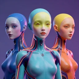 beauty, three eyed humanoid cybersuits, vivid colors, thin glowing wires, beautiful lighting