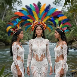 a reality bending psychedelic ayahuasca experience, colorful, distorted, surreal, tropical bird feathers, native girls body covered, near river, intricate lace, elegant fabric, highly detailed, digital painting, concept art, smooth, sharp focus, illustration, art by krenz cushart and wayne barlowe and alphonse mucha
