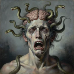 a painting of a decapitated crying man's withered face with biting serpents swarming out of his brain, a surrealist painting, polycount, surrealism, surrealist, lovecraftian, cosmic horror