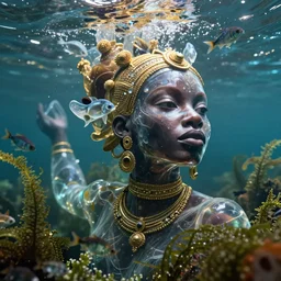 hyperrealistic cinematic half underwater scene with fish and algae, very expressive! translucent elegant african goddess getting out of water, gold jewerly, highly detailed face, digital art masterpiece, aykut aydogdu zener, dramatic volumetric light, long shot, low angle uhd 8 k, sharp focus