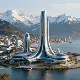 A small coastal city near some snow-capped mountains, sci-fi, 8k photorealistic, close-up photo, futuristic architecture