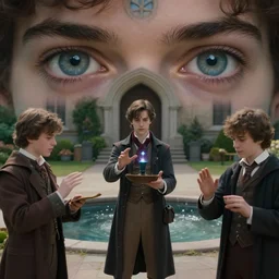 sharp, hightly detailed, film still from a 2 0 1 9 sci fi 8 k movie, set in 1 8 5 0 in an alternate universe, mid distant shot of three students practicing magic, outside the school of magic, wearing 1 8 5 0 s clothes, atmospheric lighting, in focus, reflective eyes, 3 5 mm macro lens, live action, high quality special effects, nice composition