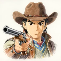 post - apocalyptic cowboy, drawn gun, finely illustrated face, highly detailed, colored pencil, studio ghibli, animation still, in the style of ilya kuvshinov and krenz cushart and william - adolphe bouguereau and alphonse mucha