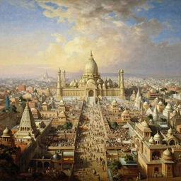 The colossal giga city of Ajodhya capital of Hindu Rashtra, by Canaletto, by Wes Anderson, by Greg Rutkowski, by oil on canvas, masterpiece, detailed, dynamic, cinematic composition, beautiful lighting, view from ground, trending on artstation, top on pixiv, 8K, award winning, no frames,