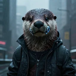 new york city portrait of furry anthro anthropomorphic river otter head animal person fursona wearing clothes strange cybernetic muzzle gloomy rainy screenshot from the video game cyberpunk 2077 digital art by Greg Rutkowski, Simon Stalenhag, christopher nolan trending on Artstation, CGSociety