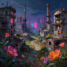 a beautiful ultradetailed painting of nature village abandoned city industrial architecture by ted nasmith, fisheye flowers neon noir san andreas futuristic thermal vision darkacademia, archdaily, wallpaper, highly detailed, trending on artstation.