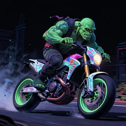 psychedelic blacklight neon airbrush artwork, motorcycle, hyper stylized cinematic action shot of an orc racing on a motorcycle, motogp, menacing orc, drifting, skidding, popping a wheelie, clear focused details, soft airbrushed artwork, black background, post apocalypse, cgsociety, artstation, peter lloyd art, peter palombi art
