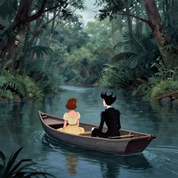 couple in a boat floating on a river in the jungle. digital drawing, ultra detailed, cool color palette, wes anderson, amelie poulain, tim burton, tomm moore, guido crepax