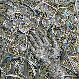 “ a kintsugi hand sculpted out of marble growing through the grass, kintsugi, orchids made of chrome growing around it, geometrical neon, transcendent, vibrant color, clean linework, finely detailed, 4 k, trending on artstation, photorealistic, volumetric lighting, octane render ”