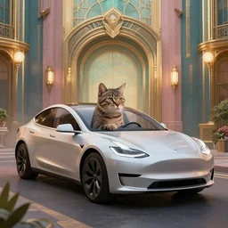 a cat driving a tesla, Art Deco, Trending artstation, octane render, cgsociety, surrealist, cinematic