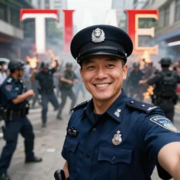 smiling cop takes a selfie in front of a riot, time magazine 2 0 2 2, high detail, 8 k