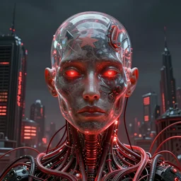 Portrait Masterpiece, face-less, see-through skin, glass skin, h.r. giger city, red, glowing, wires everywhere, by Edgar Maxence and Ross Tran, Zdzisław Beksiński, and Michael Whelan, distant, gustav dore, H.R. Giger, 8k, octane render