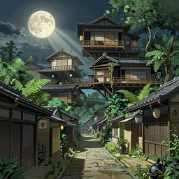 Architectural section, movie concept art, steampunk style, Miyazaki tekkonkintreet Teikoku Shounen style, amazing + fantasy Traditional Japanese alley lane on full moon, lush vegetation and ferns, sun rays, octane render, trending on artstation, hyper detailed, cinematic