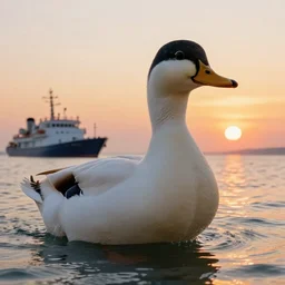giant duck in the sea at sunset, next to a ship