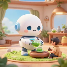 cute house robot making tea for a human friend, highly detailed, hyperrealistic, artstation, artstation, cheerful, utopia, green tea, scifi, futuristic house interior, art by ivan laliashvili and nicholas cort and eddie mendoza and edward denton