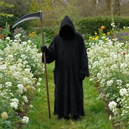 the grim reaper holding a scythe standing in a garden of flowers, grass path, white flowers, by herbert bayer by aj casson