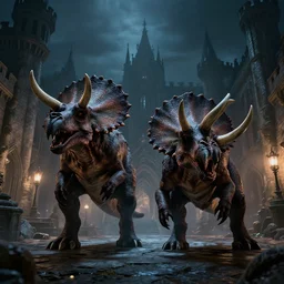 two menacing zombie triceratops on a medieval palace courtyard at night, scary, powerful, high quality, epic, dnd, fantasy art, artstation, dramatic lighting, horror, monstrous, digital illustration