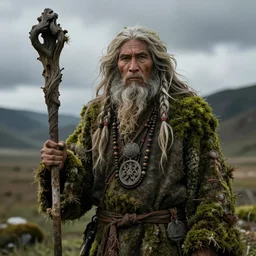 A great ancient shaman, overgrown with grass and moss, holds a staff