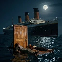 man and woman both laying down on a large wooden door that floats in the cold dark waters of the atlantic ocean, as the half - sunk titanic towers, protruding up at an angle, night, hyperrealistic, cinematic, moonlit