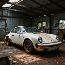 photo of an abandoned, dirty, ((rusty)), grimy Porsche Boxter concept car in an old shed, ultra wide angle lens