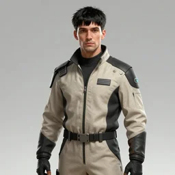 art of a scifi trending Artstation character portrait of a man in his 30s mixture between french, turkish and russian with short black hair with bangs, wearing a beige and black jumpsuit 4K Artstation HQ