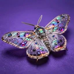high quality macro photo pearlescent furry moth! jeweled gorgeous! highly detailed david ligare elson peter cinematic purple neon lighting high quality low angle hd 8k sharp shallow depth of field