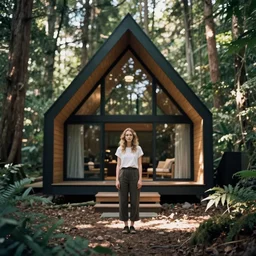 lomo photo of adelaide kane standing i front of a modern forest cabin, cinestill, bokeh, out of focus
