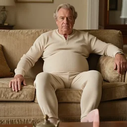 full body photo of older handsome lord richard. he is sitting gracefully on a sofa, he is wear elegant elastic cloaths. oh he is a human by the way, wear's beige shirt, has firm skin and big bouncy belly